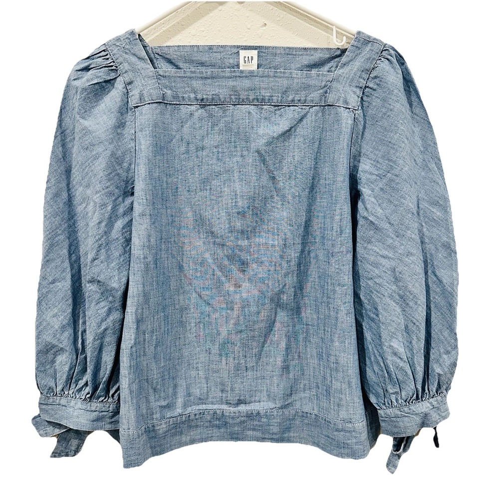 GAP Blue Chambray Puff Sleeve‎ Square Neck Top Women's XS Cottage Country Boho